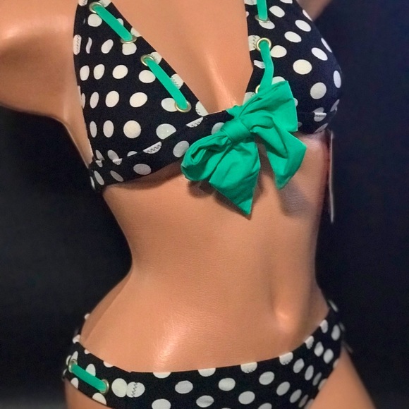 Betsey Johnson polka dot bikini at the hop vintage swimsuit black white aqua nwt - Picture 7 of 9
